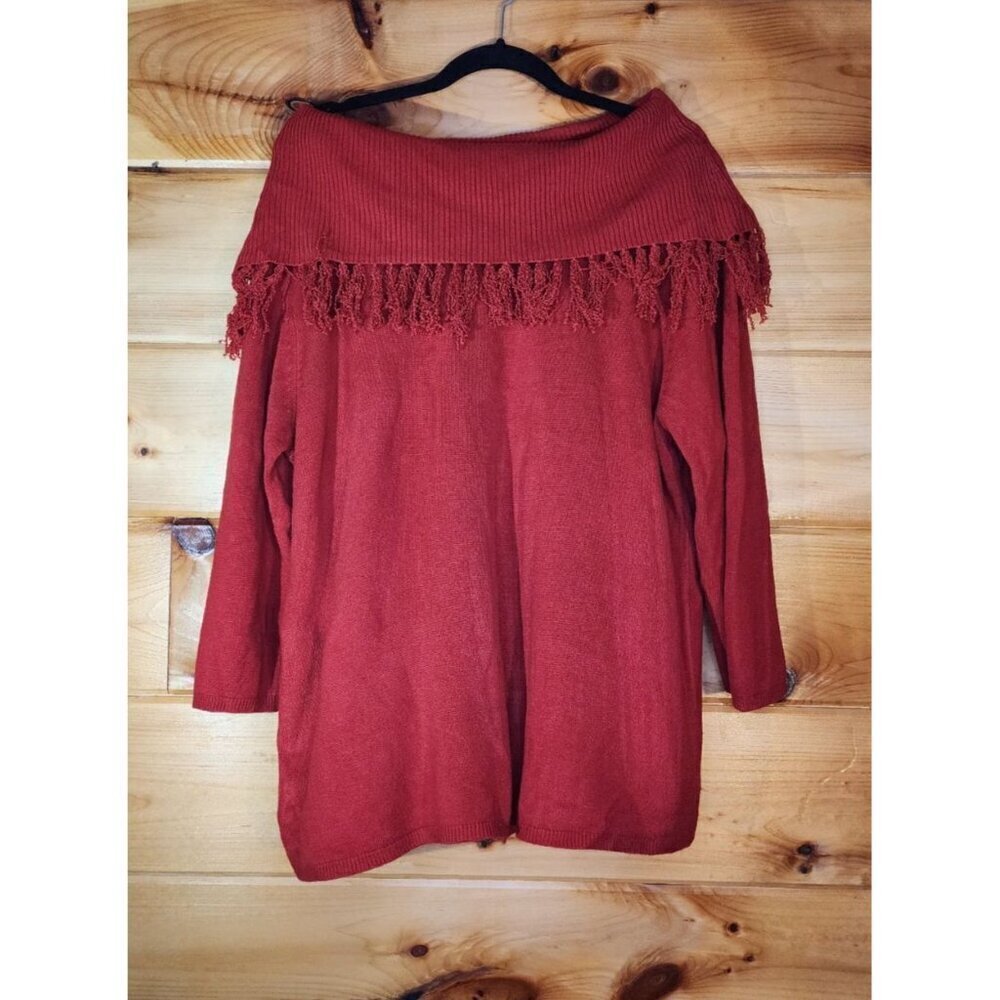Cato Sweater Women's Size 18/20W Red Cowl Fringe Neck Long Sleeve Sweater